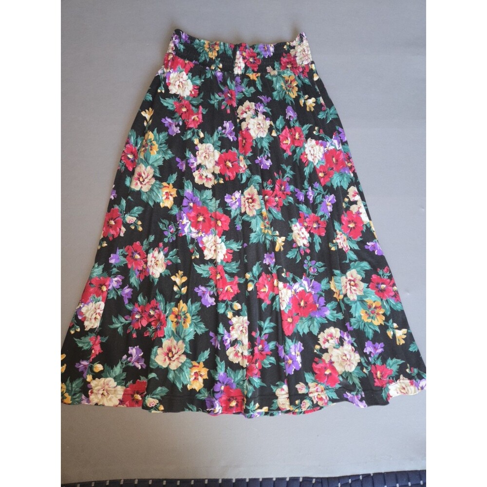 Vintage Dennis Goldsmith Floral Midi Skirt Large USA Made Elastic Waist Pockets